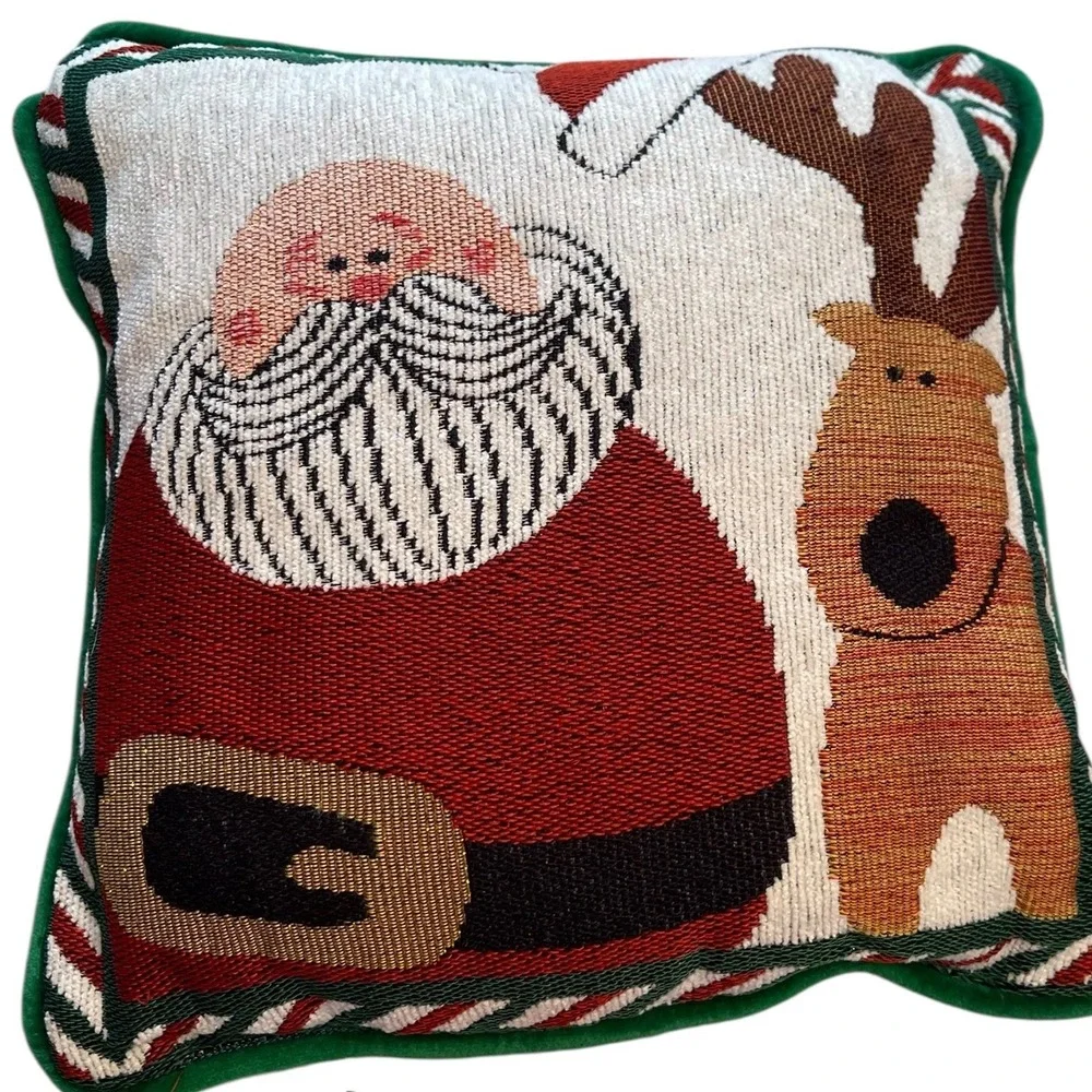 New Vintage Needlepoint Throw Pillow Christmas Holiday Santa Reindeer 12x12